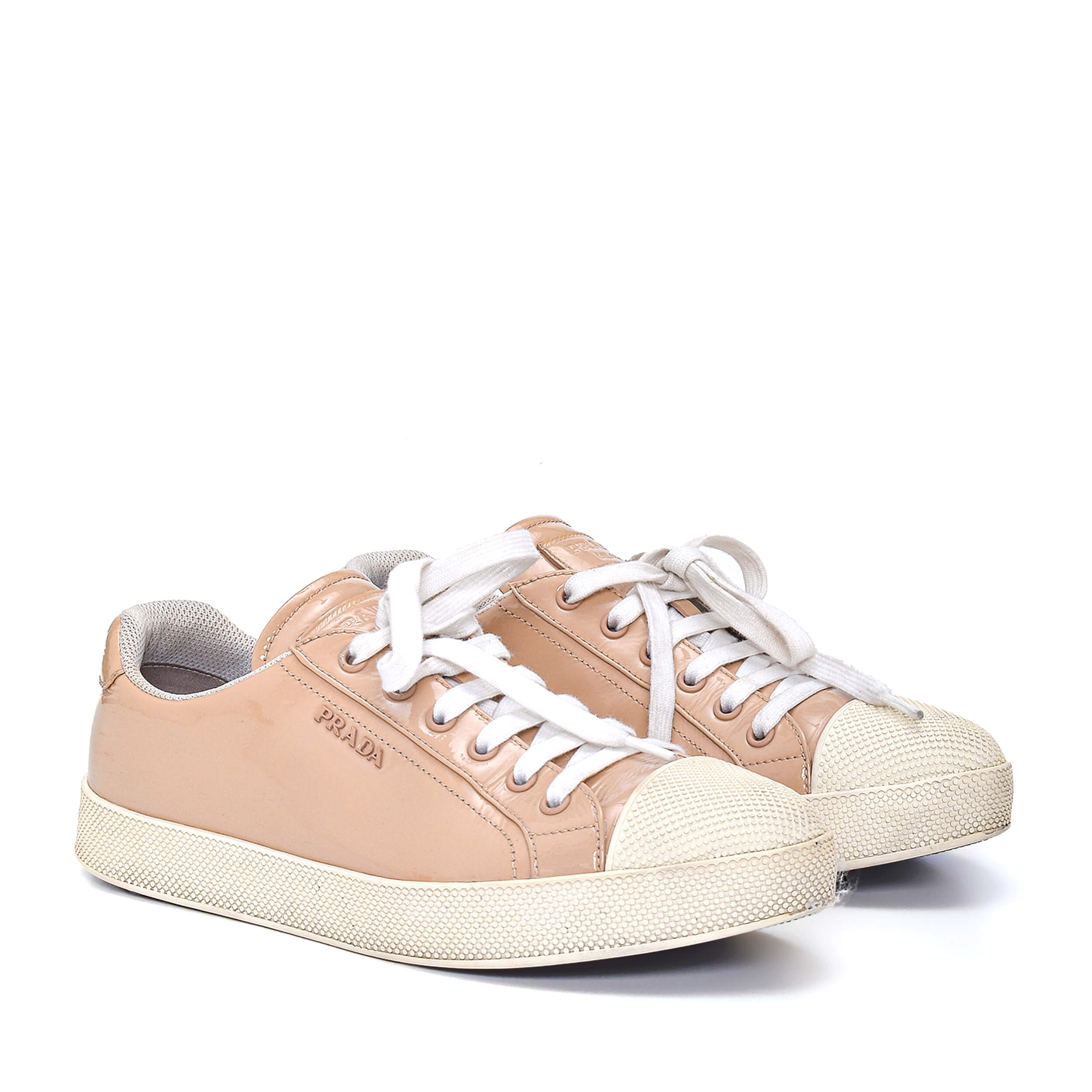 Prada - Beige Patent Leather Lace Up Sneakers